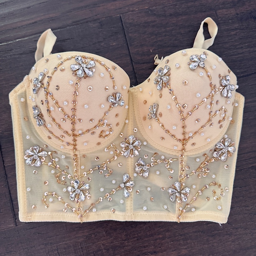Windsor Embellished Gold Crop Top Pale Yellow Bustier